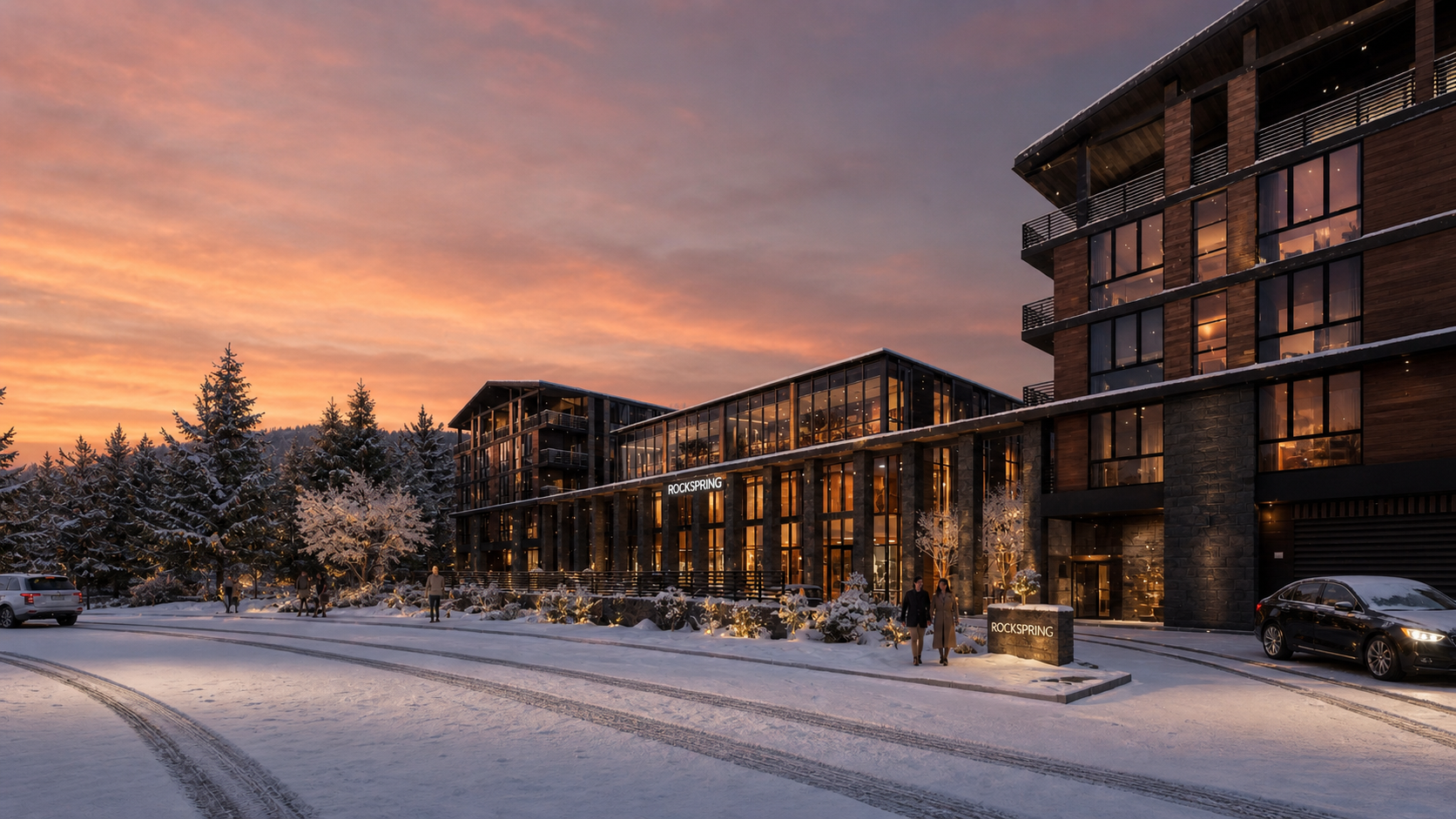 Concept of Rockspring Residences at dusk, with illuminated interiors and mountain rooflines.